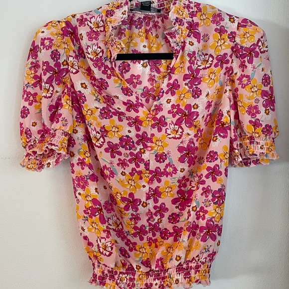 A… love story floral baby doll top blouse puff sleeve smocked new - Picture 13 of 16